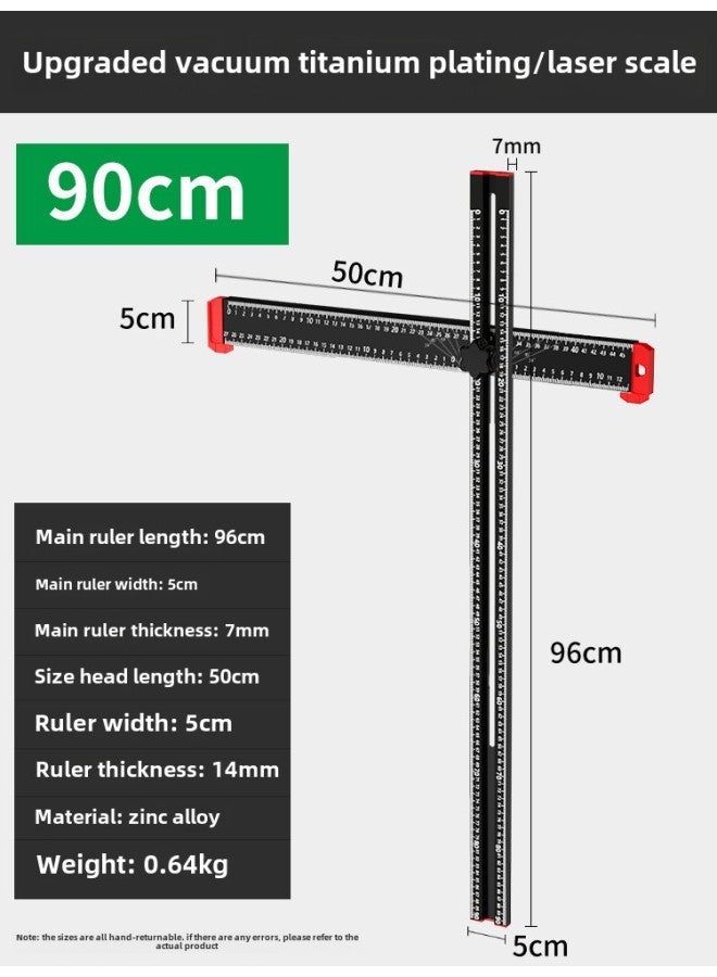 Woodworking Combination T-shaped Ruler Angle Ruler 90 Degree Ruler Aluminum Alloy Multi-function Ruler Positioning Sliding Measuring Ruler-Model:90cm Vacuum Titanium Plating/laser Scale  - Image 1
