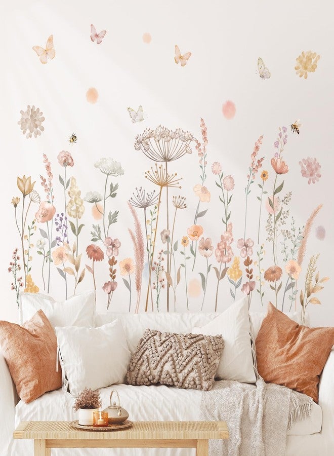 DECOWALL SG2-2421 Watercolor Boho Flowers Wall Decal Stickers Décor Home Wildflower Floral Dandelion Grass Plants Baby Nursery Girls Bedroom Kids Living Room Bee Peel and Stick Art Flower Vintage - Image 1