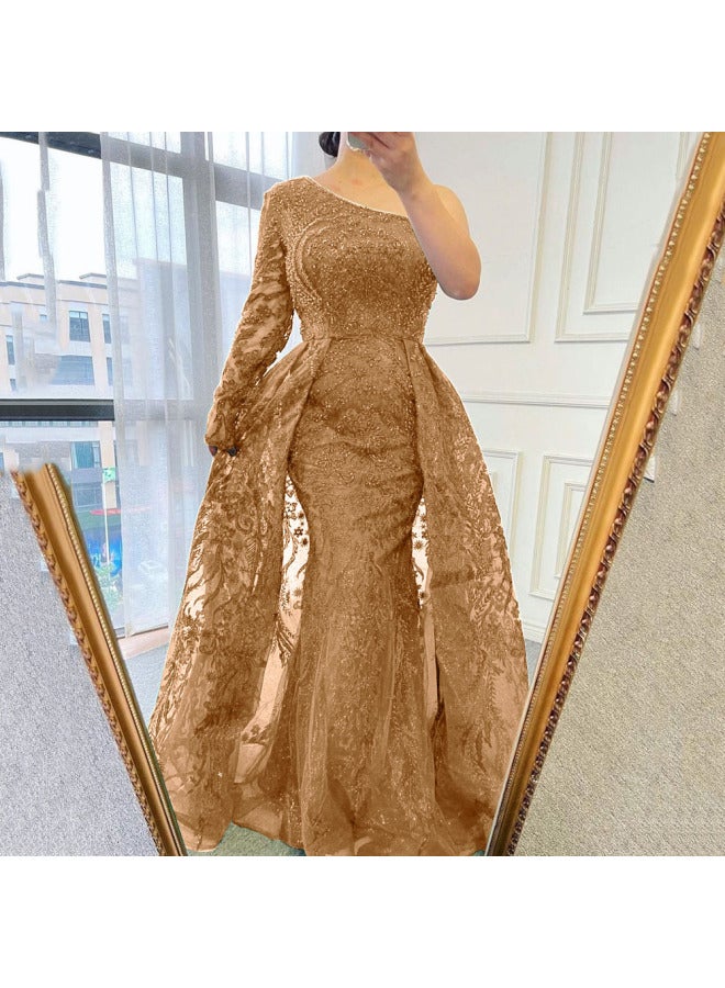 Y9360  Summer New European And American Clothing Beaded Accessible Luxury Slanted Shoulder Dress Slim Fishtail Dress