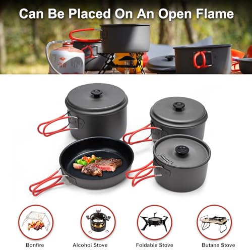 Alocs Camping Cookware, Aluminum Camping Cooking Set Camp Kitchen, Portable Camping Pots and Pans Set Essentials Mess Kit for Backpacking, Outdoor Cooking and Picnic - Image 2
