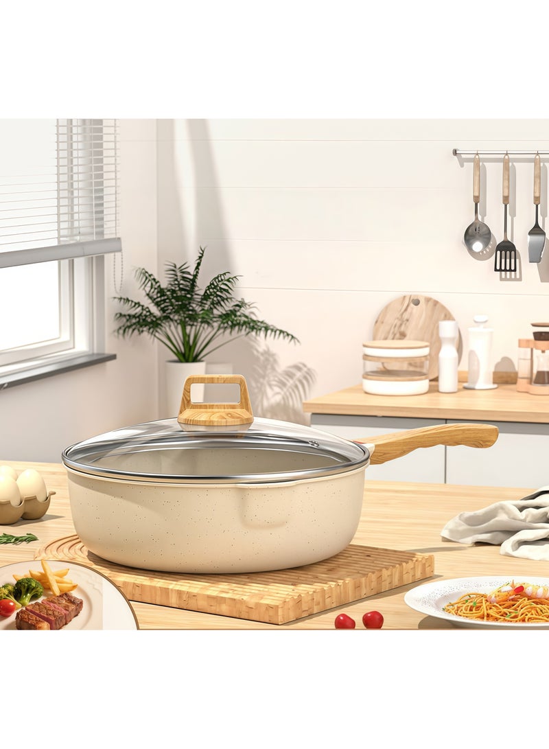 Beautiful Non-Stick Frying Pan with Lid - 11-Inch Beige Granite Non-Stick Pan with Heat-Resistant Handle, Compatible with All Stoves, PFOA-Free.  - Image 1