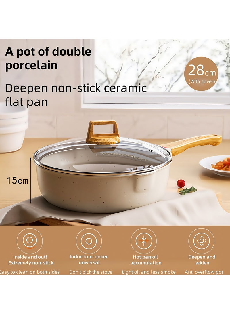 Beautiful Non-Stick Frying Pan with Lid - 11-Inch Beige Granite Non-Stick Pan with Heat-Resistant Handle, Compatible with All Stoves, PFOA-Free.  - Image 2