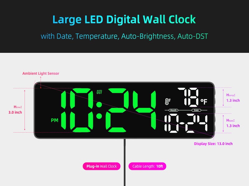 XUANZIT Large LED Digital Wall Clock with Date, Temperature, Auto-Brightness, Auto-DST | Big Digital Clock for Bedroom, Desk, Classroom, Living Room, Kitchen, Office, Gym, Farmhouse, Xmas Gift for Seniors - Image 3