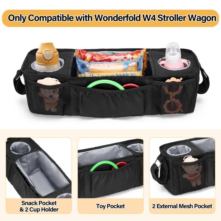 GRAOSO وحدة تحكم الوالدين لعربة الأطفال فقط متوافقة مع Wonderfold W4، صينية وجبات خفيفة لعربة الأطفال، 2 حامل أكواب معزول، أسود - Image 3