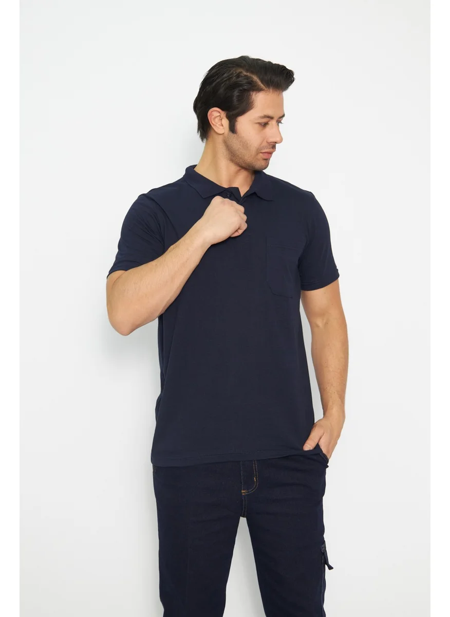 Orange Safety Mervem T-Shirt Polo Neck Short Sleeve 100% Cotton Pocket Navy Blue