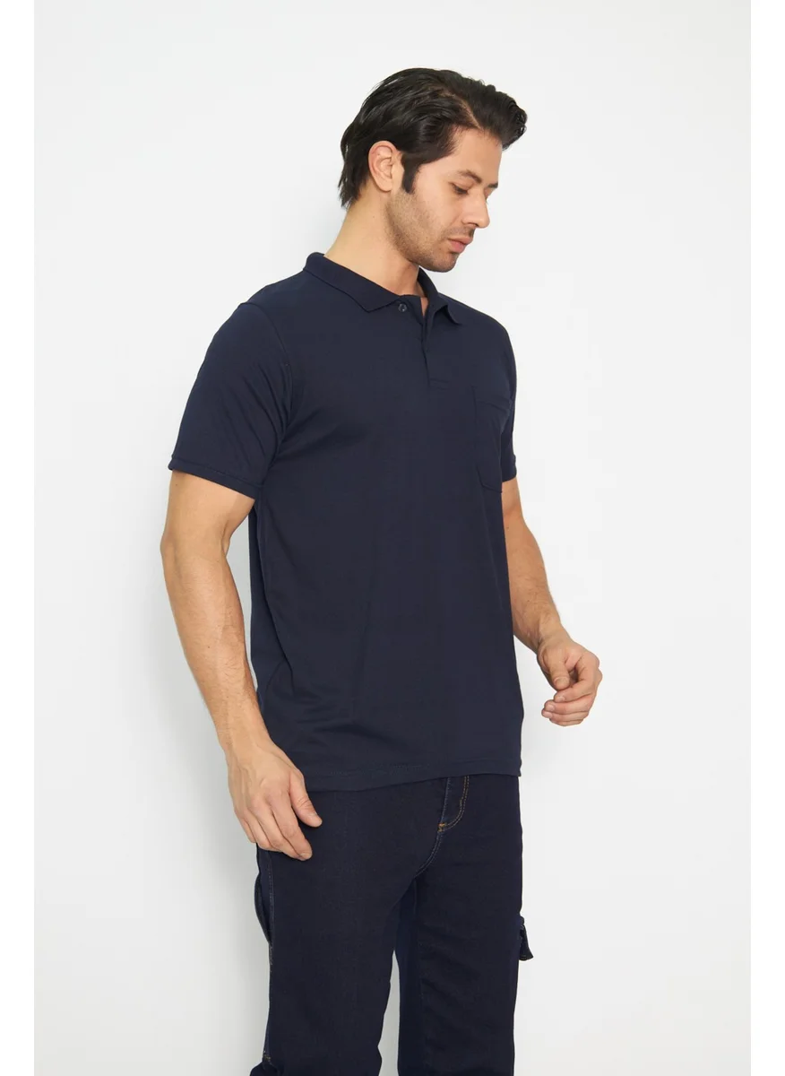 Orange Safety Mervem T-Shirt Polo Neck Short Sleeve 100% Cotton Pocket Navy Blue