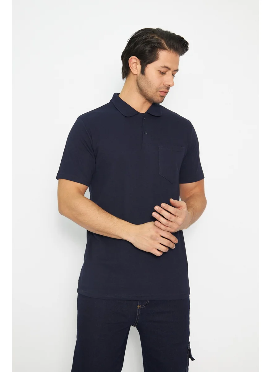 Orange Safety Mervem T-Shirt Polo Neck Short Sleeve 100% Cotton Pocket Navy Blue