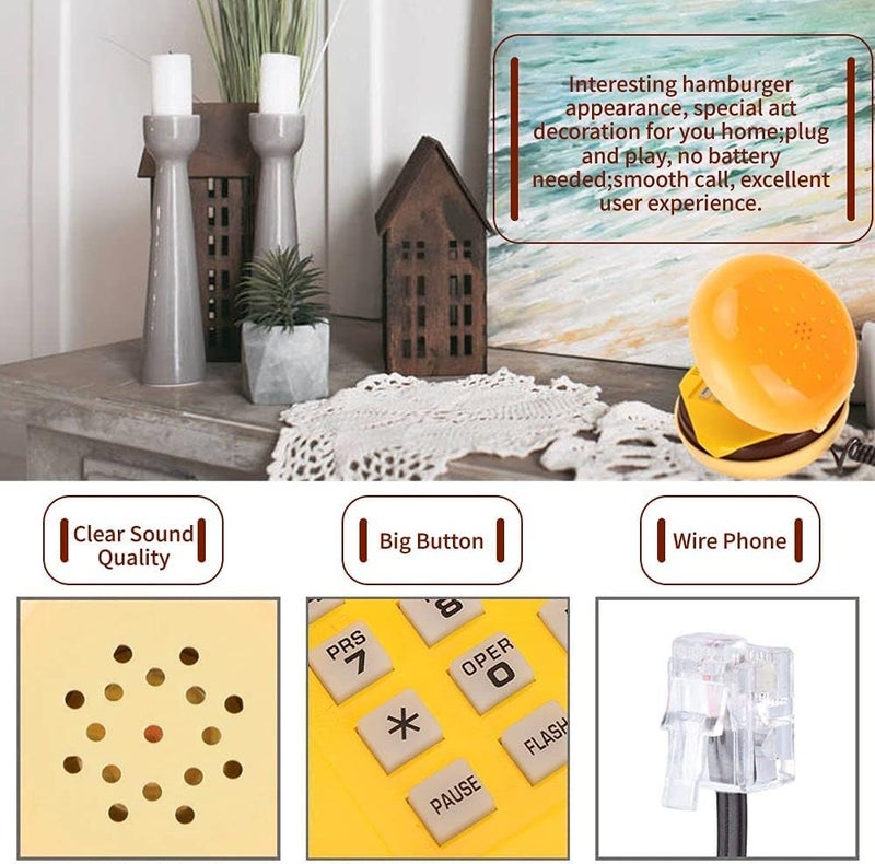 comfrt Landline Phone, Hamburger Cheeseburger Burger Phone Telephone Cute Telephones Landline Corded Phone Desktop Phone for Home Hotel Office Decoration Kids Gift - Image 3