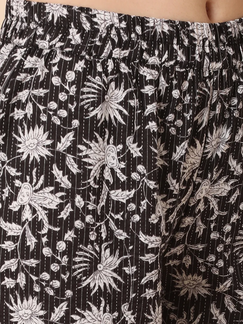 globus Women Floral Printed Kantha Work Kurta With Trouser