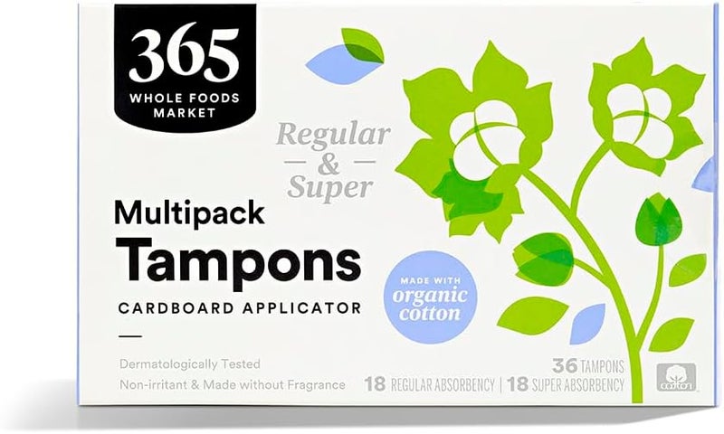 365 by Whole Foods Market 365 by Whole Foods Market, Tampons with Cardboard Applicators, Multipack (Regular & Super Absorbency), Made with Organic Cotton, Unscented, 36 Count 