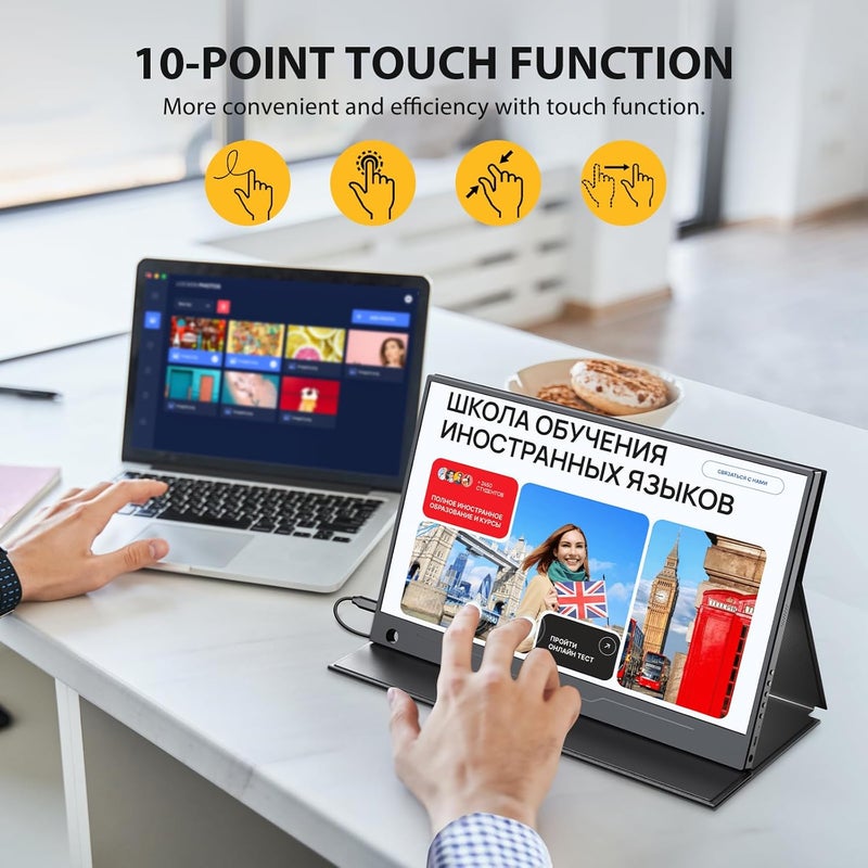 UPERFECT 14” Portable Monitor Touchscreen, 125% sRGB 1080P FHD IPS Ultra-Thin Travel Second Screen with 10-Point Touch, Built-in Speakers, VESA Mount & Smart Cover for Laptop, Phone & Game Console - Image 2