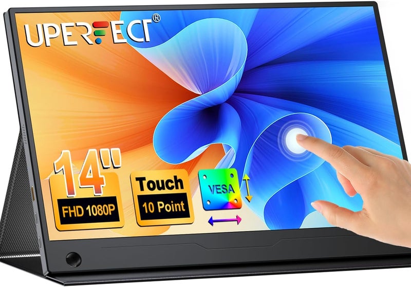 UPERFECT 14” Portable Monitor Touchscreen, 125% sRGB 1080P FHD IPS Ultra-Thin Travel Second Screen with 10-Point Touch, Built-in Speakers, VESA Mount & Smart Cover for Laptop, Phone & Game Console - Image 1