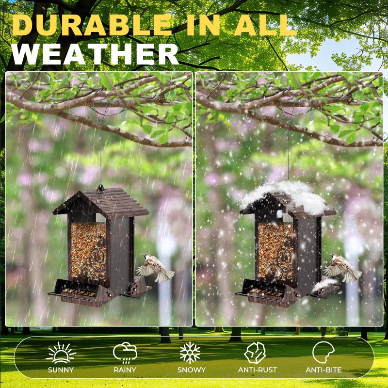 FETUSI Squirrel Proof Bird Feeder for Outdoor Hanging,Metal Bird Seed Feeder with Bilateral Weight Activated Perches,5LB Large Capacity Wild Bird Feeders for Outside,Easy Refill and Clean,Brown - Image 5