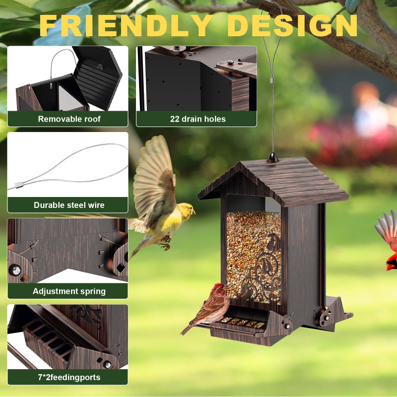 FETUSI Squirrel Proof Bird Feeder for Outdoor Hanging,Metal Bird Seed Feeder with Bilateral Weight Activated Perches,5LB Large Capacity Wild Bird Feeders for Outside,Easy Refill and Clean,Brown - Image 2
