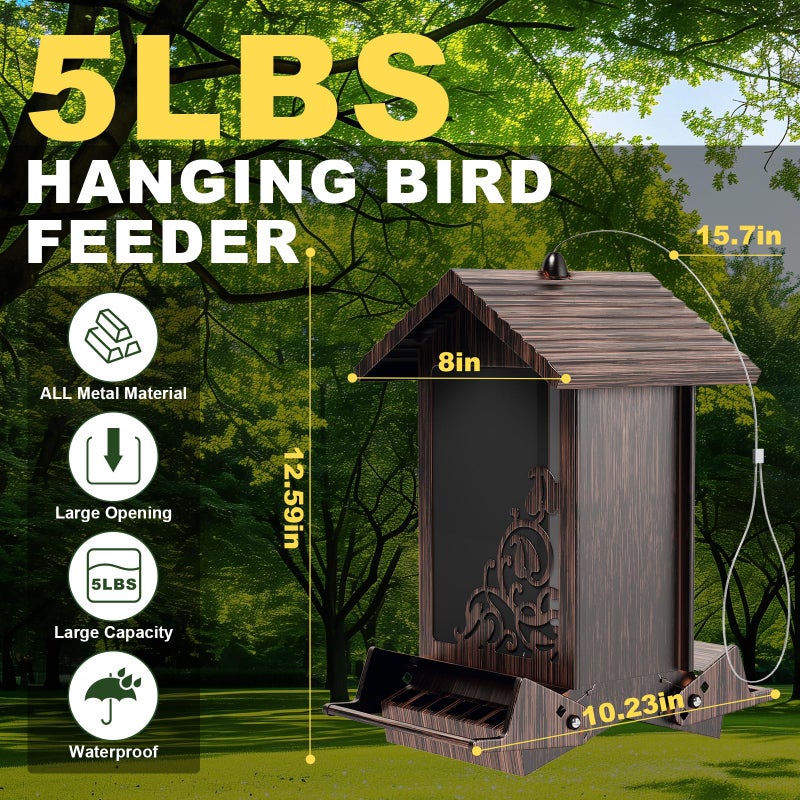 FETUSI Squirrel Proof Bird Feeder for Outdoor Hanging,Metal Bird Seed Feeder with Bilateral Weight Activated Perches,5LB Large Capacity Wild Bird Feeders for Outside,Easy Refill and Clean,Brown - Image 4