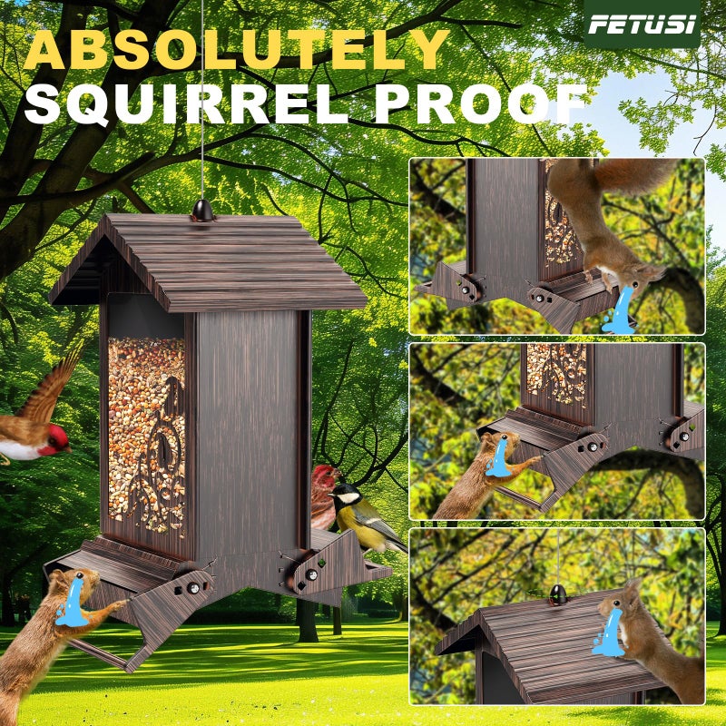 FETUSI Squirrel Proof Bird Feeder for Outdoor Hanging,Metal Bird Seed Feeder with Bilateral Weight Activated Perches,5LB Large Capacity Wild Bird Feeders for Outside,Easy Refill and Clean,Brown - Image 3