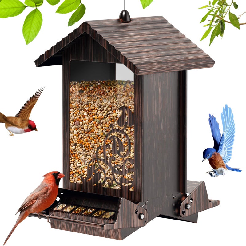 FETUSI Squirrel Proof Bird Feeder for Outdoor Hanging,Metal Bird Seed Feeder with Bilateral Weight Activated Perches,5LB Large Capacity Wild Bird Feeders for Outside,Easy Refill and Clean,Brown - Image 1