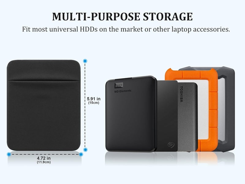 Lacdo Portable External Hard Drive Case, Hard Drive Sleeve for Laptop, Stick on Pouch Holder with Reusable Adhesive, Fit 2.5" Seagate, WD, Toshiba External HDD, SSD, Wireless Mouse, Cable, Black - Image 2