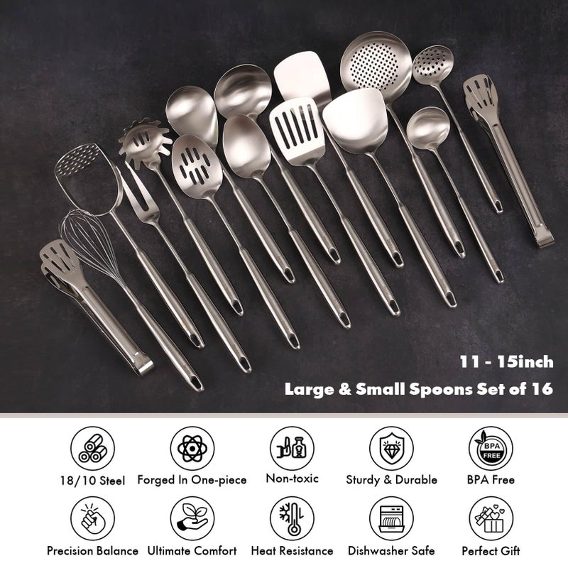 Standcn 18/10 Stainless Steel Cooking Utensils Set - 16 PCS All Metal Serving Utensils, Kitchen Tools - Whisk, Masher, Fork, Tongs, Solid/Slotted Spoon, Spatula, Turner, Ladle, Skimmer, Pasta, Large Spoon Set - Image 4