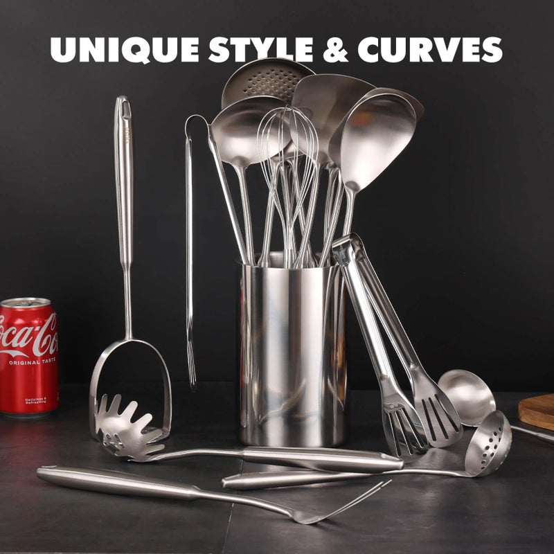Standcn 18/10 Stainless Steel Cooking Utensils Set - 16 PCS All Metal Serving Utensils, Kitchen Tools - Whisk, Masher, Fork, Tongs, Solid/Slotted Spoon, Spatula, Turner, Ladle, Skimmer, Pasta, Large Spoon Set - Image 3