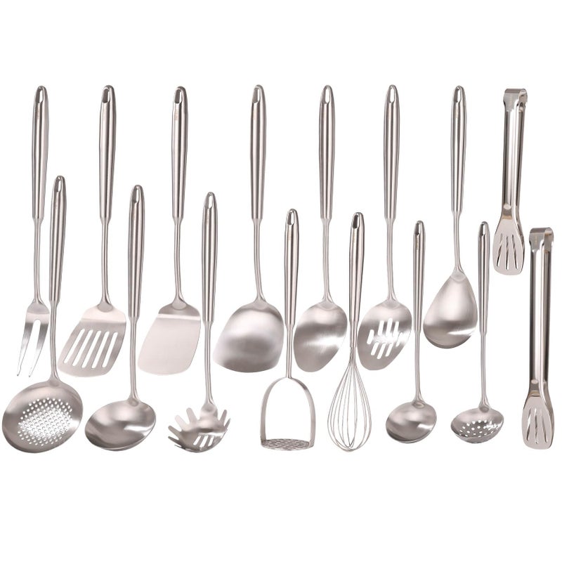 Standcn 18/10 Stainless Steel Cooking Utensils Set - 16 PCS All Metal Serving Utensils, Kitchen Tools - Whisk, Masher, Fork, Tongs, Solid/Slotted Spoon, Spatula, Turner, Ladle, Skimmer, Pasta, Large Spoon Set - Image 1