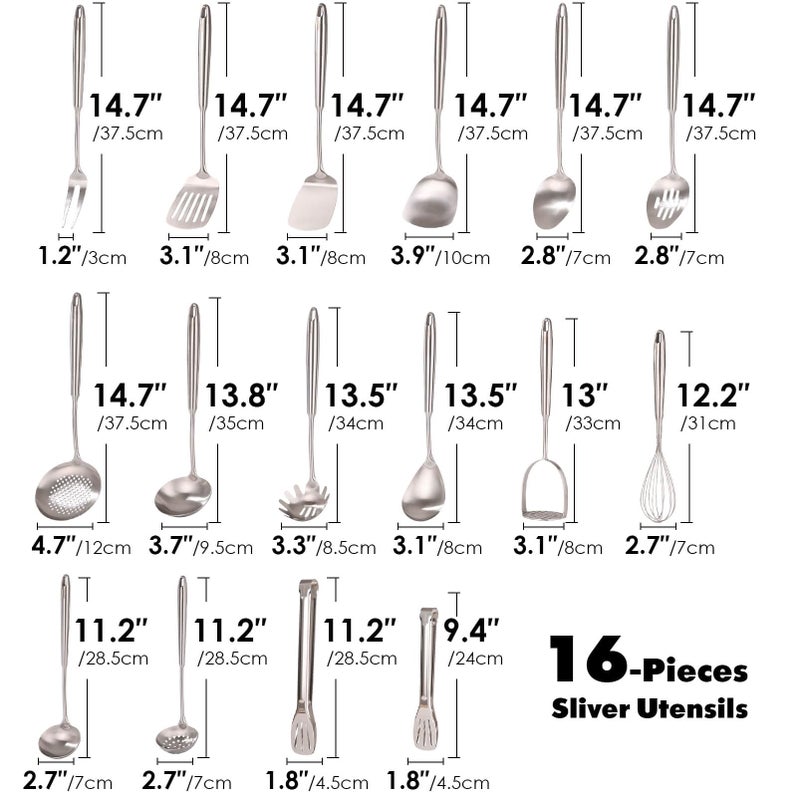 Standcn 18/10 Stainless Steel Cooking Utensils Set - 16 PCS All Metal Serving Utensils, Kitchen Tools - Whisk, Masher, Fork, Tongs, Solid/Slotted Spoon, Spatula, Turner, Ladle, Skimmer, Pasta, Large Spoon Set - Image 2
