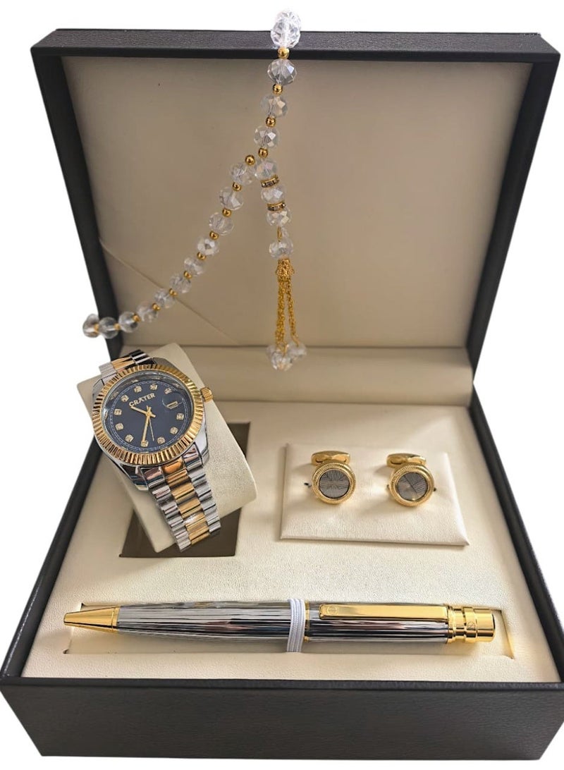 كريتر  طقم رجالي فاخر يتكون من ساعة تصميم ملكي من الستانلس ستيل، مينا كلاسيكي مع عرض التاريخ مقاومة للماء وسبحة وقلم وازرار اكمام - Image 1