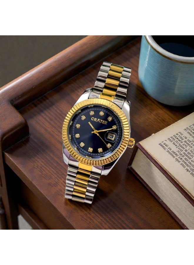 كريتر  طقم رجالي فاخر يتكون من ساعة تصميم ملكي من الستانلس ستيل، مينا كلاسيكي مع عرض التاريخ مقاومة للماء وسبحة وقلم وازرار اكمام - Image 3