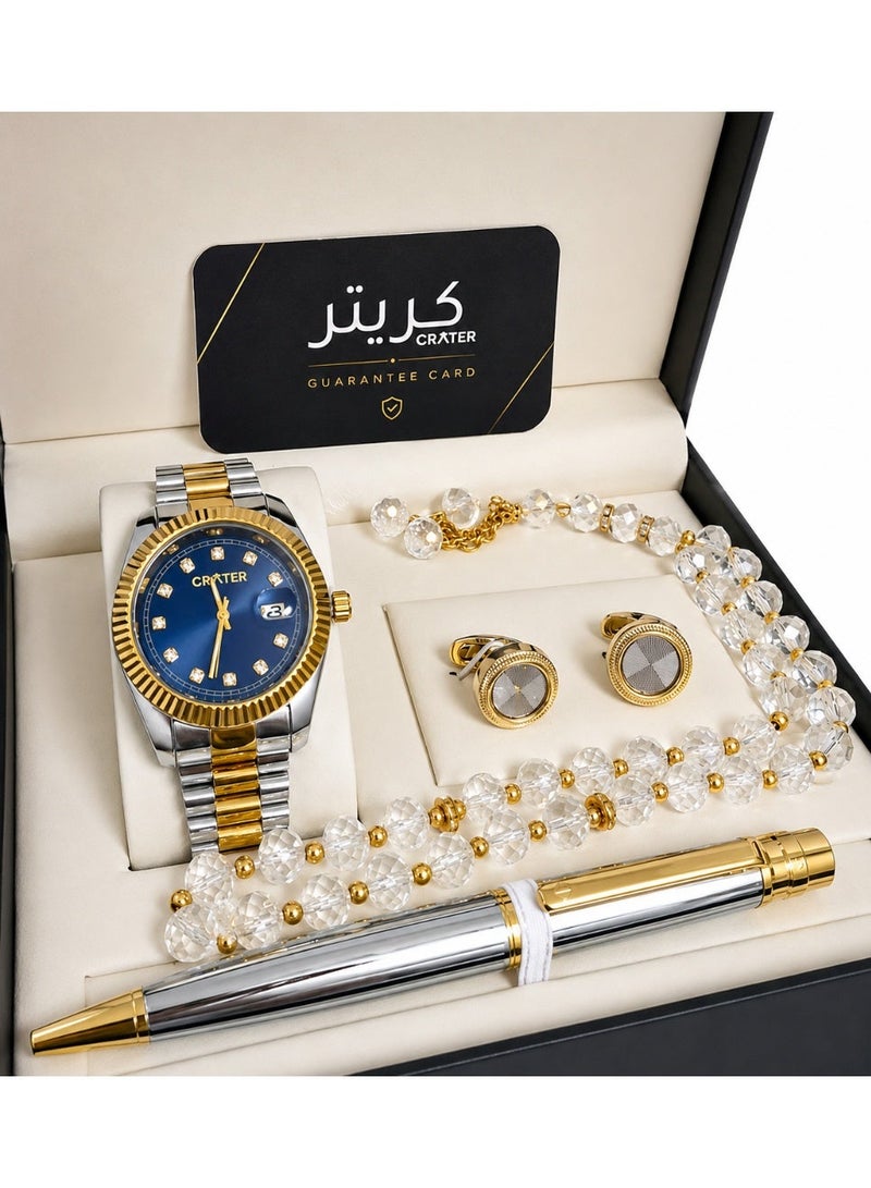 Crater A luxurious men's set consisting of a regal stainless steel watch, a classic dial with date display, water resistance, prayer beads, a pen, and cufflinks. - Image 1