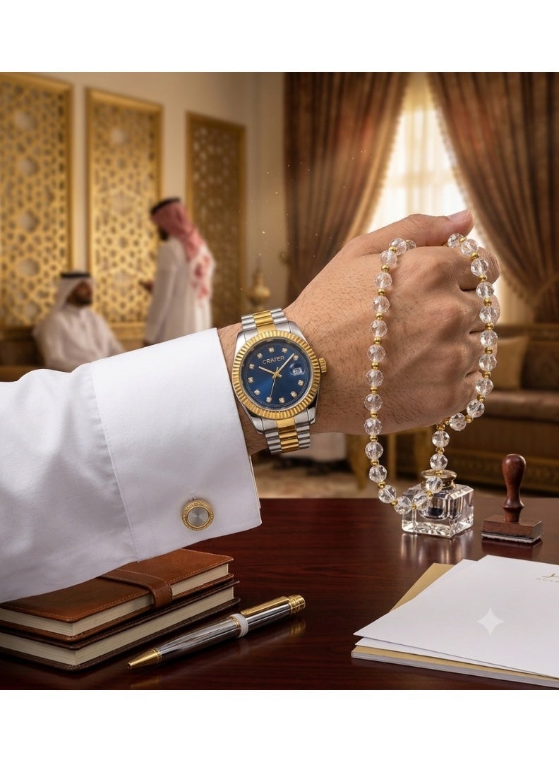 Crater A luxurious men's set consisting of a regal stainless steel watch, a classic dial with date display, water resistance, prayer beads, a pen, and cufflinks. - Image 2