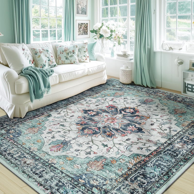 RELEANY Area Rugs 5'x7' Washable Non-Slip, Floral Vintage Distress Print Pattern Medallion Carpet for Living Room Bedroom Dining Room, Green Navy Blue White Red Teal Colorful - Image 1