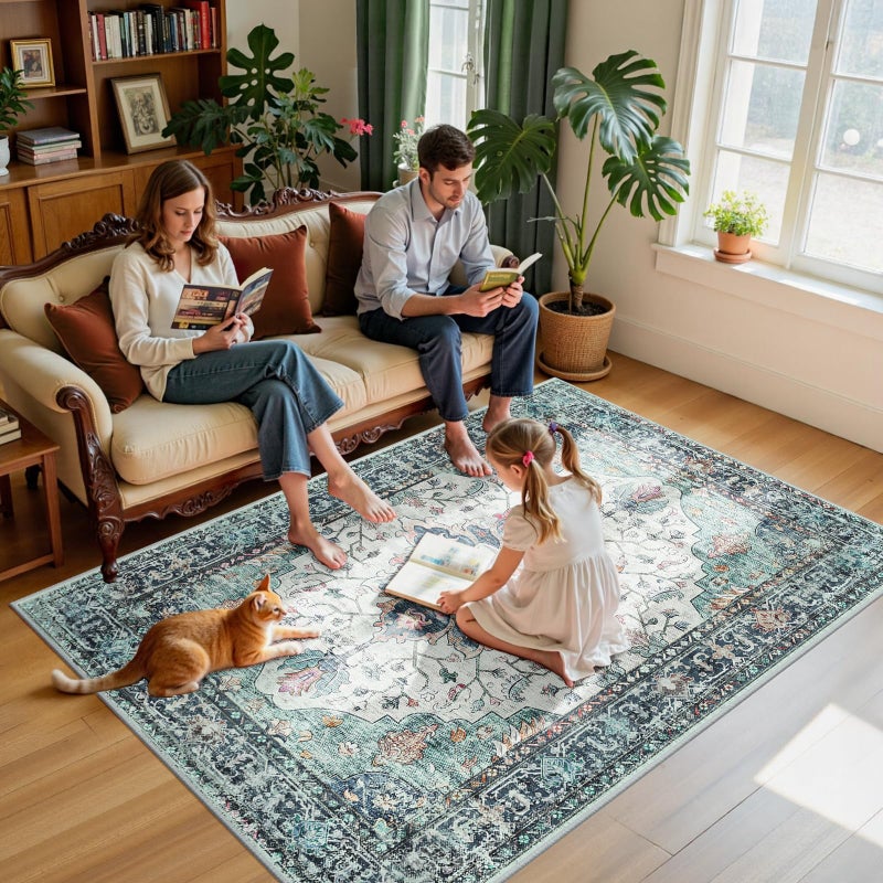 RELEANY Area Rugs 5'x7' Washable Non-Slip, Floral Vintage Distress Print Pattern Medallion Carpet for Living Room Bedroom Dining Room, Green Navy Blue White Red Teal Colorful - Image 3
