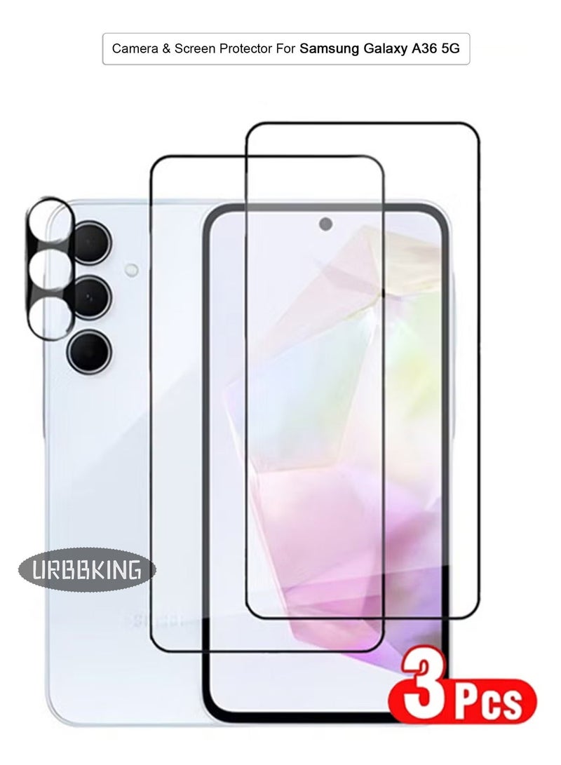 يوارب كينج 3 حماية شاشة زجاجية من Samsung Galaxy A36 5G مع غشاء عدسة الكاميرا، واثنين من حماية الشاشة الأمامية وغشاء عدسة واحدة - Image 1