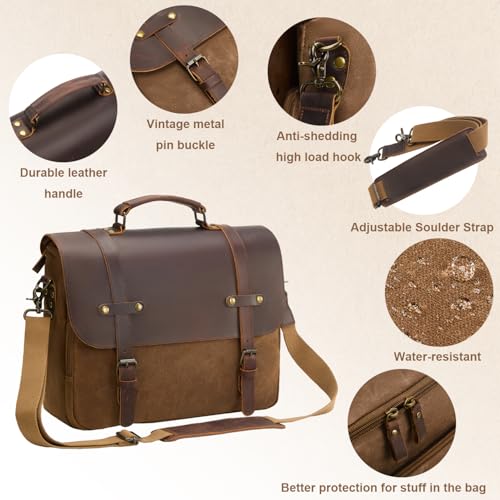 NEHOR Men's Messenger Bag Waxed Canvas Briefcase 16 Inch Vintage Genuine Leather Computer Laptop Bags Waterproof Satchel Shoulder Bag for Work/Business/Office - Image 4