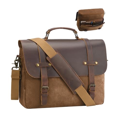 NEHOR Men's Messenger Bag Waxed Canvas Briefcase 16 Inch Vintage Genuine Leather Computer Laptop Bags Waterproof Satchel Shoulder Bag for Work/Business/Office - Image 1