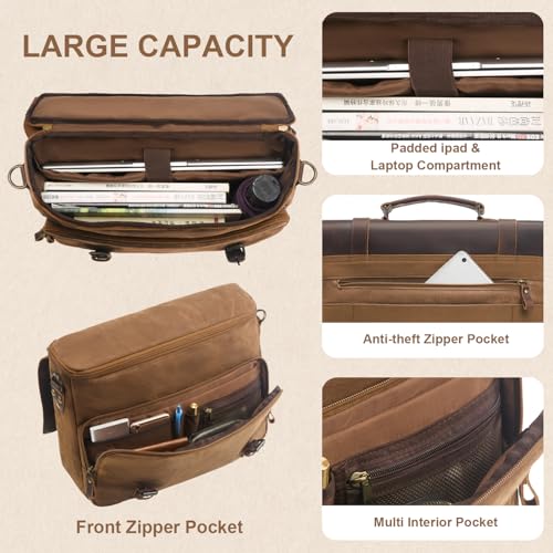 NEHOR Men's Messenger Bag Waxed Canvas Briefcase 16 Inch Vintage Genuine Leather Computer Laptop Bags Waterproof Satchel Shoulder Bag for Work/Business/Office - Image 5