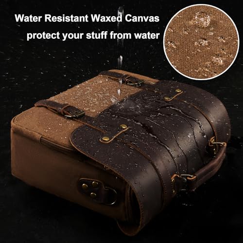 NEHOR Men's Messenger Bag Waxed Canvas Briefcase 16 Inch Vintage Genuine Leather Computer Laptop Bags Waterproof Satchel Shoulder Bag for Work/Business/Office - Image 3