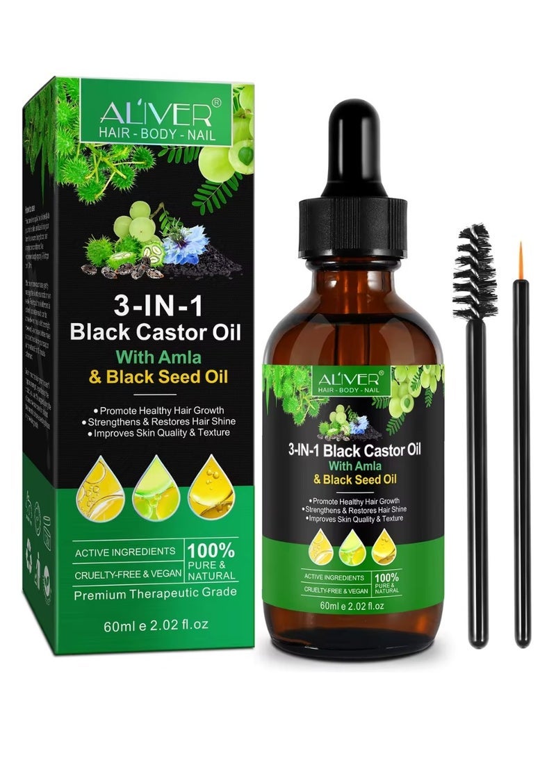 ALIVER 3 In 1 Black Castor Oil with Amla & Black Seed Oil for Hair Care Hair Conditioner Oil for Thin Hair Repair Damaged Hair Nourishes Thin Hair Scalp Skin and Loss Hair Growth Fit for All Hair Types 60ml - Image 1