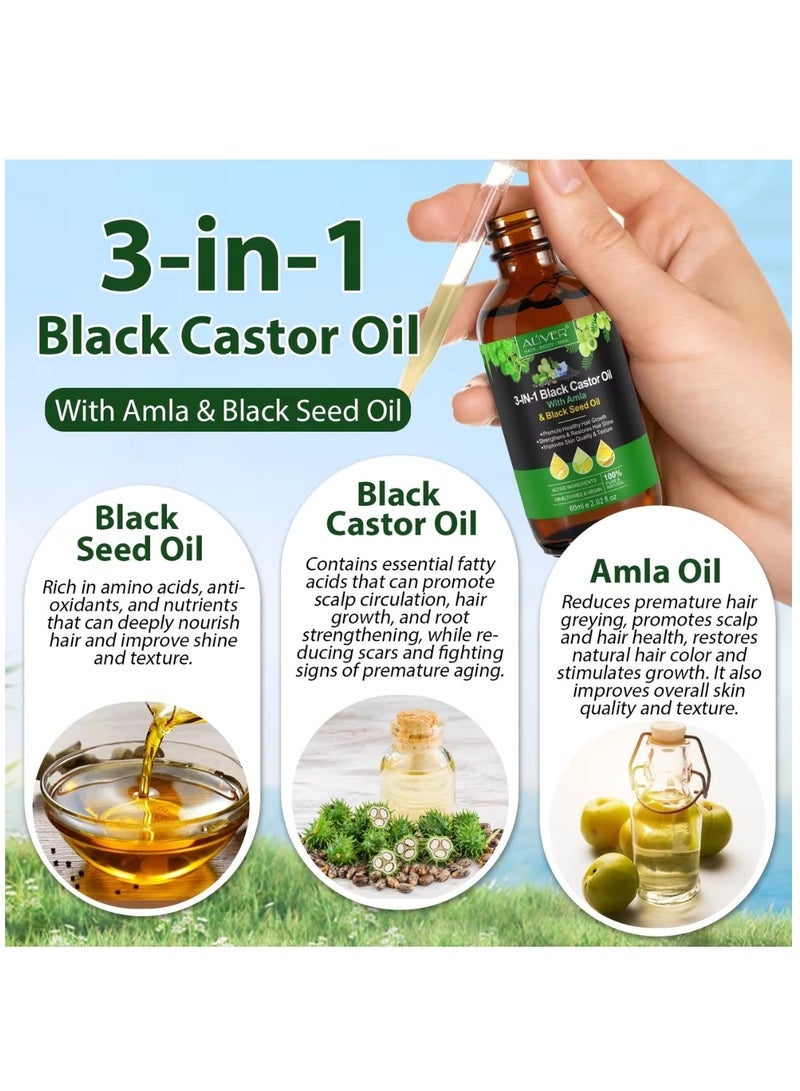 ALIVER 3 In 1 Black Castor Oil with Amla & Black Seed Oil for Hair Care Hair Conditioner Oil for Thin Hair Repair Damaged Hair Nourishes Thin Hair Scalp Skin and Loss Hair Growth Fit for All Hair Types 60ml - Image 2