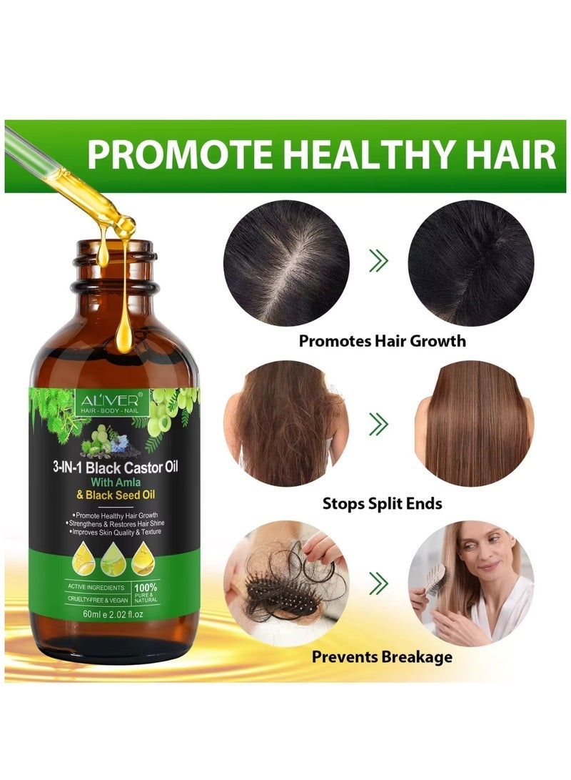 ALIVER 3 In 1 Black Castor Oil with Amla & Black Seed Oil for Hair Care Hair Conditioner Oil for Thin Hair Repair Damaged Hair Nourishes Thin Hair Scalp Skin and Loss Hair Growth Fit for All Hair Types 60ml - Image 4