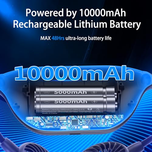 HandFan 10000mAh Portable Neck Fan Rechargeable, 48Hrs Long-Lasted Wearable Personal Fans, Hands Free Necklace Fans, Hanging Cooling Fan for Travel, Hiking, Fishing, Gifts for Women Men - Image 2