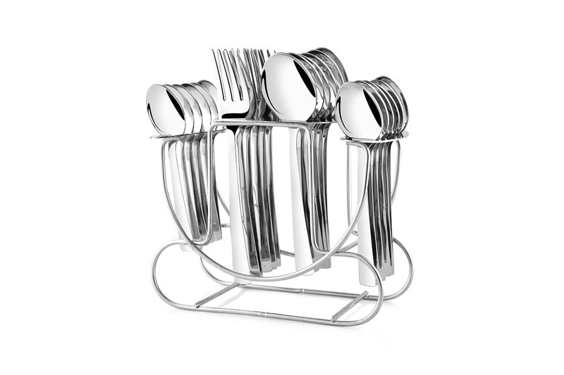 SHAPES Feast Premium Silver Stainless Steel Cutlery Set - 24 Pieces | Rust-Resistant, Dishwasher Safe, Elegant Design | Ideal for Home and Restaurant Use, Perfect for Family Meals with Stand - Image 1