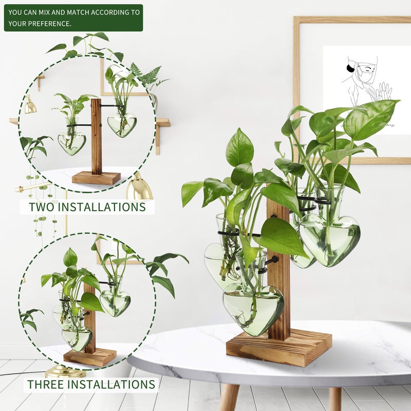 CYZglass Plant Terrarium Propagation Stations with Wooden Stand, Glass Vase for Indoor Hydroponics Home Garden Office Decoration Gift for Women - 4 Love Bulb Vase - Image 5