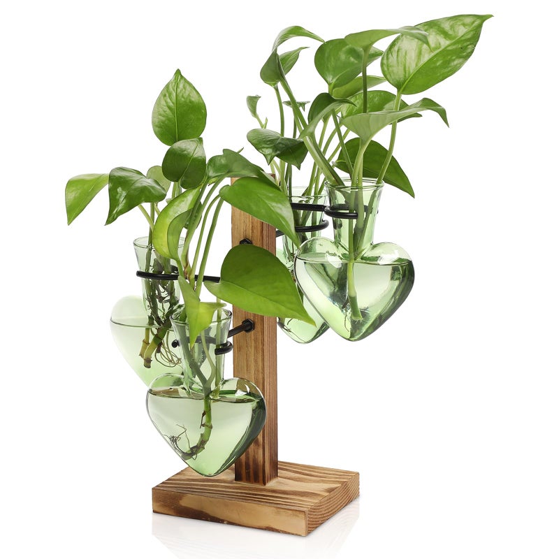 CYZglass Plant Terrarium Propagation Stations with Wooden Stand, Glass Vase for Indoor Hydroponics Home Garden Office Decoration Gift for Women - 4 Love Bulb Vase - Image 1