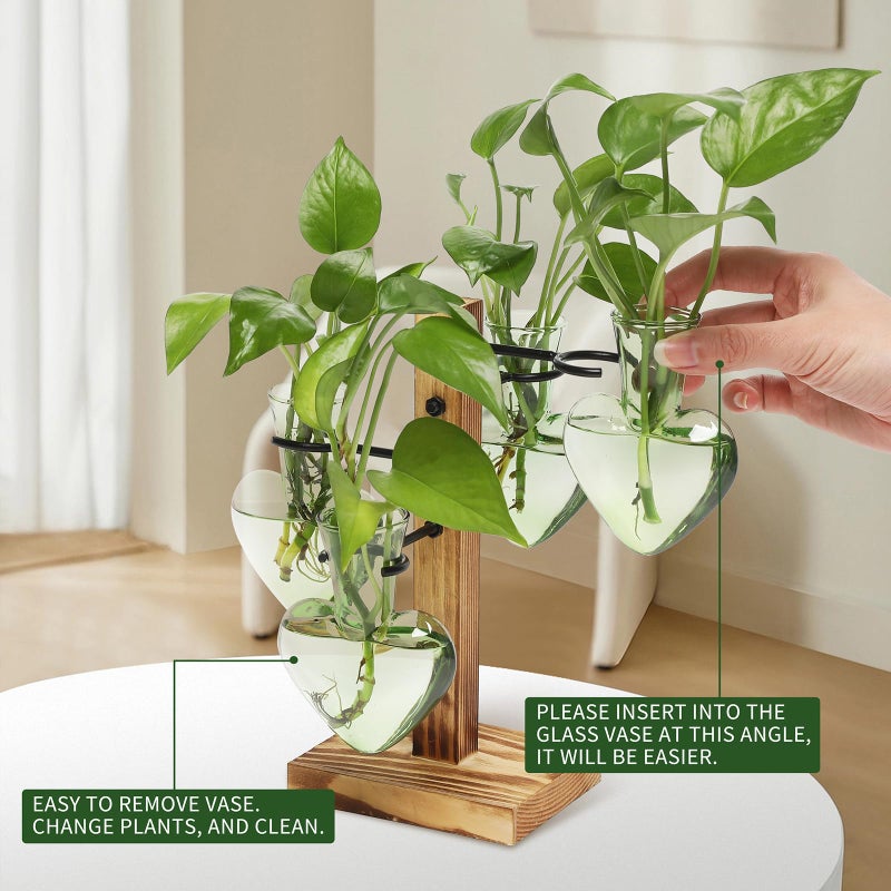 CYZglass Plant Terrarium Propagation Stations with Wooden Stand, Glass Vase for Indoor Hydroponics Home Garden Office Decoration Gift for Women - 4 Love Bulb Vase - Image 3