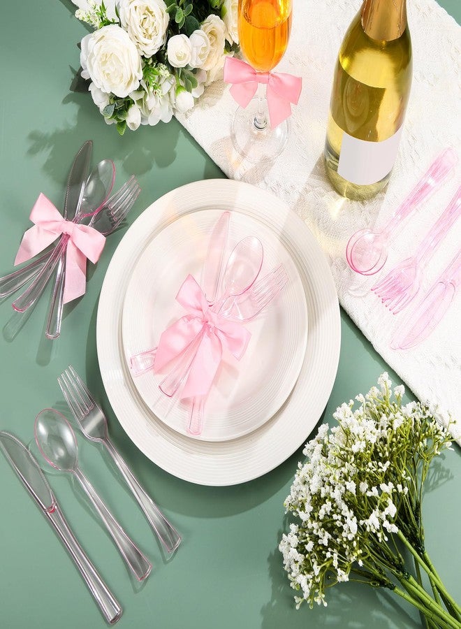 Minatee مجموعة أدوات المائدة البلاستيكية الوردية من ميناتي 25 مجموعة مع أربطة ملتوية، أدوات مائدة ثقيلة الاستخدام، شوك وسكاكين وملاعق وردية للاستخدام مرة واحدة، مجموعة أدوات فضية لإعداد طاولة حفلة عيد ميلاد كوكيت، النزهات - Image 2