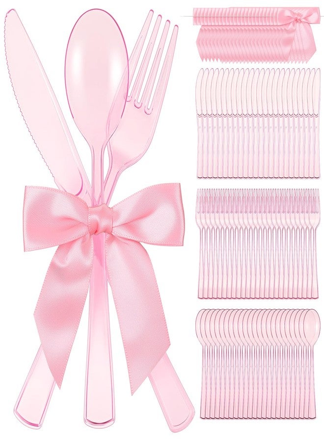 Minatee مجموعة أدوات المائدة البلاستيكية الوردية من ميناتي 25 مجموعة مع أربطة ملتوية، أدوات مائدة ثقيلة الاستخدام، شوك وسكاكين وملاعق وردية للاستخدام مرة واحدة، مجموعة أدوات فضية لإعداد طاولة حفلة عيد ميلاد كوكيت، النزهات - Image 1