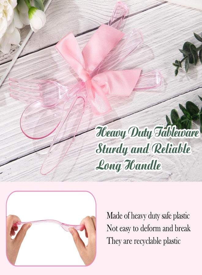 Minatee مجموعة أدوات المائدة البلاستيكية الوردية من ميناتي 25 مجموعة مع أربطة ملتوية، أدوات مائدة ثقيلة الاستخدام، شوك وسكاكين وملاعق وردية للاستخدام مرة واحدة، مجموعة أدوات فضية لإعداد طاولة حفلة عيد ميلاد كوكيت، النزهات - Image 3