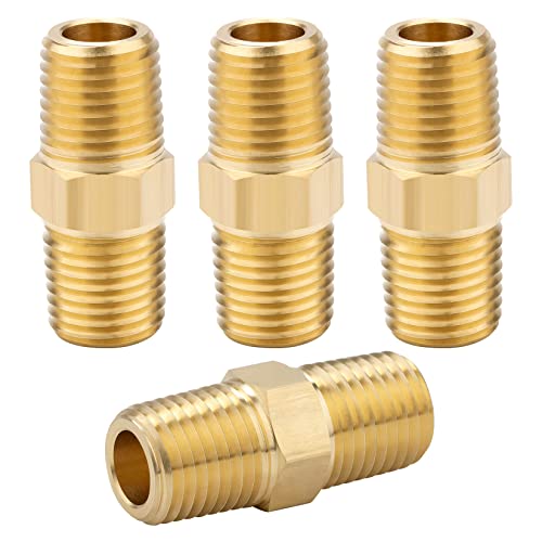 KOOTANS 1/4 NPT x 1/4 NPT Male Solid Brass Hex Nipples, Heavy Brass Pipe Adapter Fittings Equal Nipples Connectors 4Pieces - Image 1