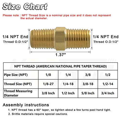 KOOTANS 1/4 NPT x 1/4 NPT Male Solid Brass Hex Nipples, Heavy Brass Pipe Adapter Fittings Equal Nipples Connectors 4Pieces - Image 2